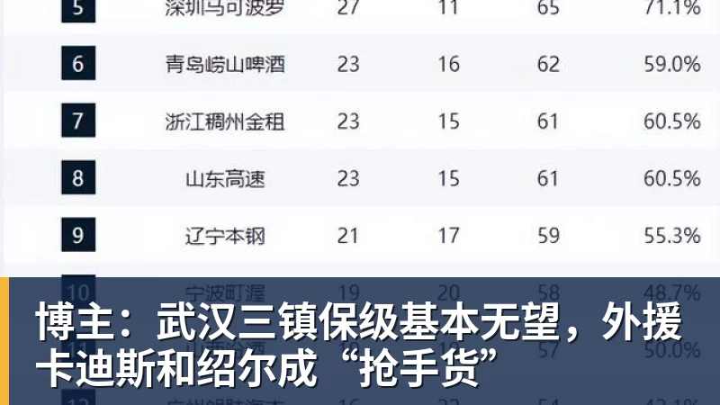 博主：武汉三镇保级基本无望，外援卡迪斯和绍尔成“抢手货”